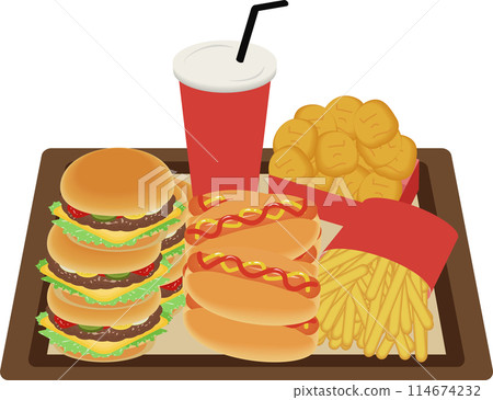 A large amount of fast food on a tray 114674232