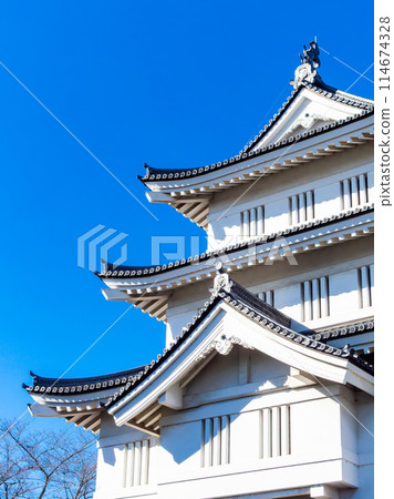 延城忍城遺址一覽 藍天下永不倒塌的堅不可摧的城堡的細節 延城忍城遺址一覽 藍天下永不倒塌的堅不可摧的城堡的細節 114674328