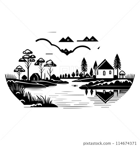 Village river graphic illustration sketch draw Village river graphic illustration sketch draw 114674371