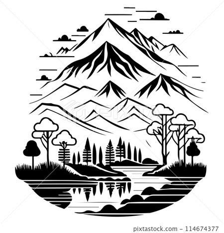 Village river graphic illustration sketch draw  114674377