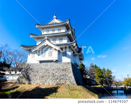 Nobojo城堡Shinobu城堡遺址的景色：城堡塔和護城河，蔚藍的天空下堅不可摧的城堡 114674507