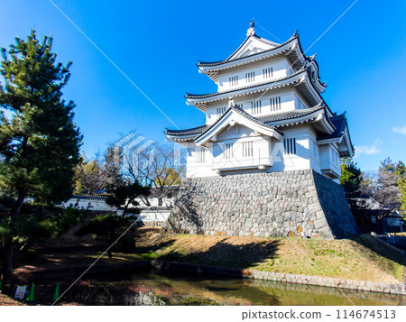 Nobojo城堡Shinobu城堡遺址的景色：城堡塔和護城河，蔚藍的天空下堅不可摧的城堡 114674513