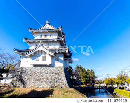 Nobojo城堡Shinobu城堡遺址的景色：城堡塔和護城河，蔚藍的天空下堅不可摧的城堡 114674519