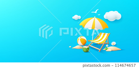 Summer holiday banner, beach umbrella, beach bed, coconut fruit, pile of sand, design on blue background 114674657