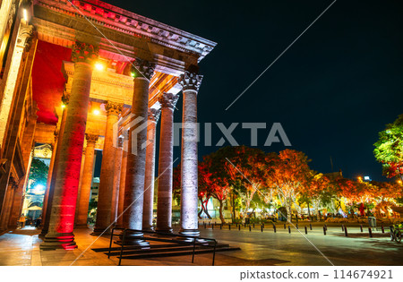 Columns of Teatro Degollado, a neoclassical Mexican theater in Guadalajara, Mexico at night Columns of Teatro Degollado, a neoclassical Mexican theater in Guadalajara, Mexico at night 114674921