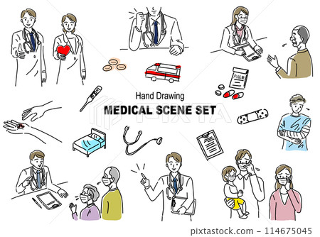 Roughly hand-drawn medical scene illustration set 114675045