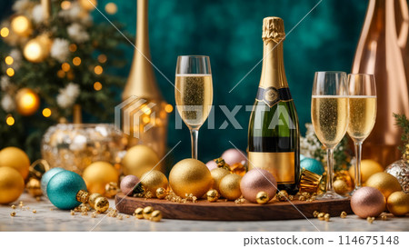 A table with champaigne bottle and glasses is covered with a variety of fruits, oranges and lemons A table with champaigne bottle and glasses is covered with a variety of fruits, oranges and lemons 114675148