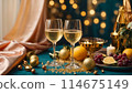 A table with champaigne bottle and glasses is covered with a variety of fruits, oranges and lemons 114675149