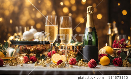 A table with champaigne bottle and glasses is covered with a variety of fruits, oranges and lemons 114675150