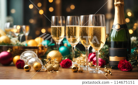 A table with champaigne bottle and glasses is covered with a variety of fruits, oranges and lemons 114675151