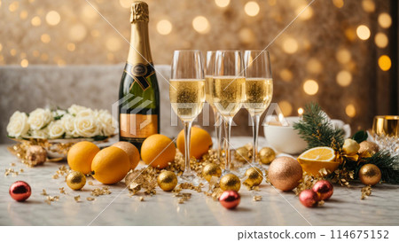 A table with champaigne bottle and glasses is covered with a variety of fruits, oranges and lemons 114675152