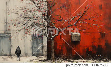 A person is walking in front of a red building with a tree 114675712