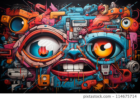 A vibrant graffiti mural featuring a face with large eyes A vibrant graffiti mural featuring a face with large eyes 114675714
