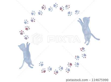 Cat and paw print circle decorative frame, crayon touch, winter color 114675990