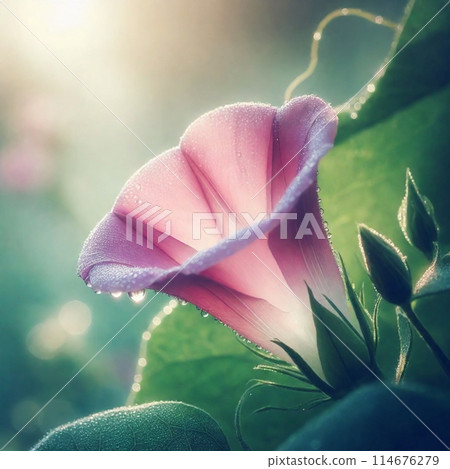 Morning glories growing vibrantly in the morning sun Morning glories growing vibrantly in the morning sun 114676279