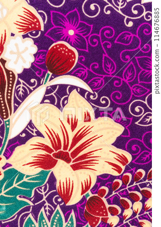 Detailed flower pattern of Indonesian batik cloth textile. Detailed flower pattern of Indonesian batik cloth textile. 114676885