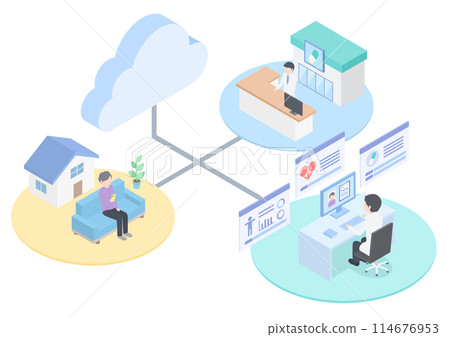 An image of hospitals and pharmacies sharing medical information online to examine patients and prescribe medicines 114676953
