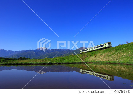 The Koumi Line reflected in the water of a rice field 114676958