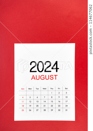 A August 2024 calendar page with push pin on red background. 114677062
