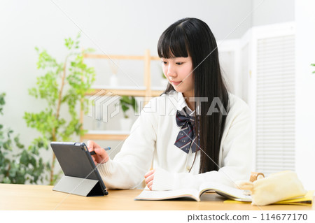 High school girl studying tablet 114677170