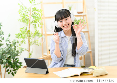 High school girl headphones OK High school girl headphones OK 114677189