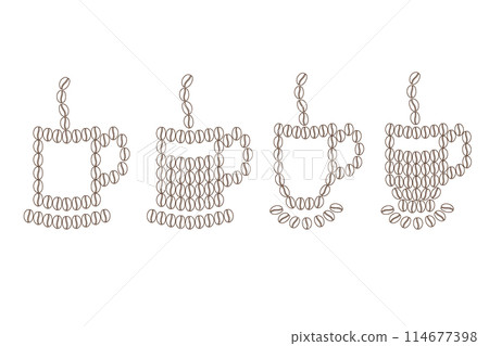 Abstract stylized silhouette and outline coffee cups with saucer and steam of coffee beans contour Abstract stylized silhouette and outline coffee cups with saucer and steam of coffee beans contour 114677398