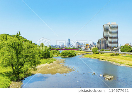 Hirose River and a panoramic view of Sendai city in spring 114677621