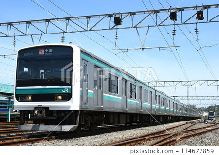 E501 series train (commuter rapid train/Tsuchiura sign) parked at the depot E501 series train (commuter rapid train/Tsuchiura sign) parked at the depot 114677859