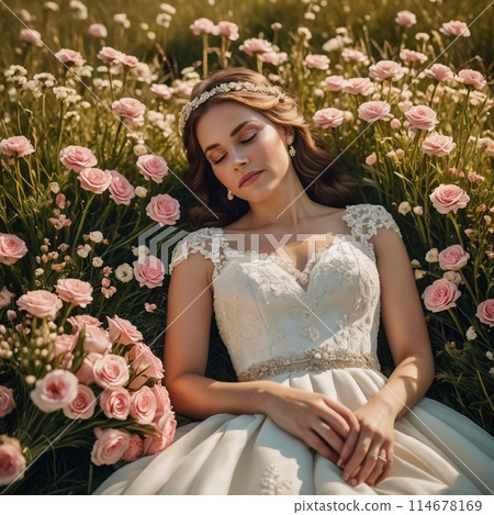 Smiling bride in a white dress 114678169