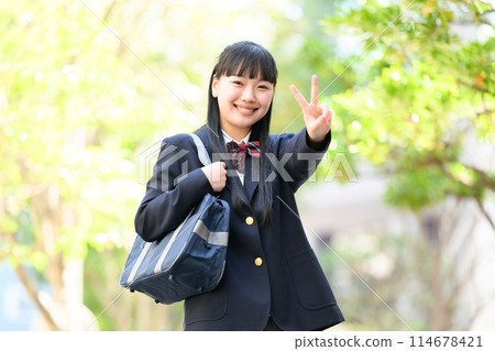 High school girl, commuting, fresh greenery, peace sign High school girl, commuting, fresh greenery, peace sign 114678421
