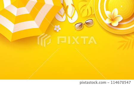 Summer holiday poster banner, beach umbrella, yellow sun hat, yellow flip flops, realistic design on yellow background 114678547