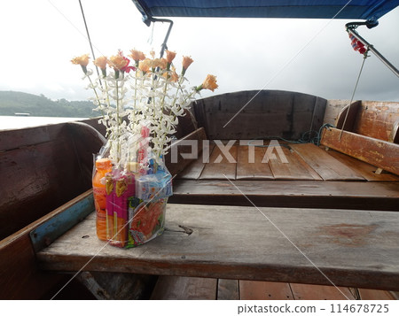 Boat ride across the Sangkhla Buri Dam Lake to the temple Boat ride across the Sangkhla Buri Dam Lake to the temple 114678725