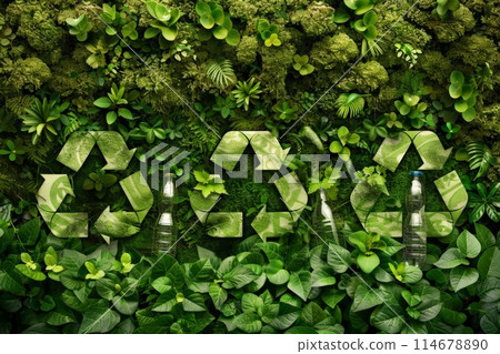 A plantthemed recycling symbol surrounded by lush green leaves A plantthemed recycling symbol surrounded by lush green leaves 114678890