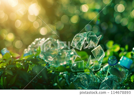 A plantthemed recycling symbol surrounded by lush green leaves 114678893