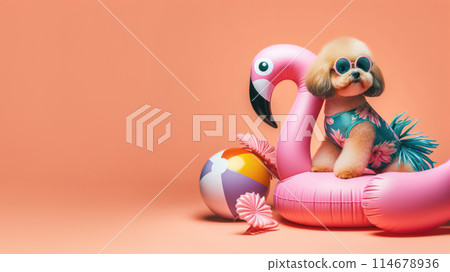 Funny dog wearing summer fashion with rubber ring on pastel background. Summer Vacation Concept. Funny dog wearing summer fashion with rubber ring on pastel background. Summer Vacation Concept. 114678936