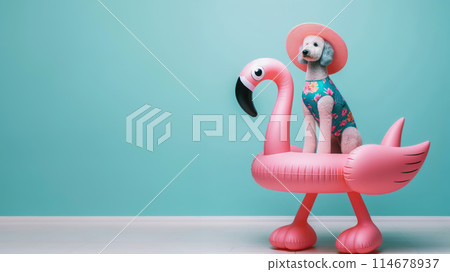 Funny dog wearing summer fashion with rubber ring on pastel background. Summer Vacation Concept. Funny dog wearing summer fashion with rubber ring on pastel background. Summer Vacation Concept. 114678937