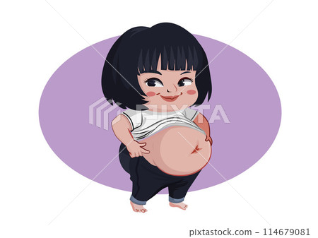 Cute woman cartoon feel fat. holidng her stomach. beauty healthcare Illustration 114679081