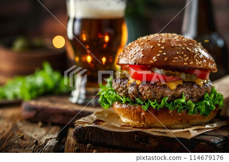 Hamburger and beer on table classic staple food pairing 114679176