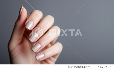 Close-up of female hand with beautifully manicured nails, displaying on gray backdrop, highlighting artistry and luxury of professional nail care Close-up of female hand with beautifully manicured nails, displaying on gray backdrop, highlighting artistry and luxury of professional nail care 114679398