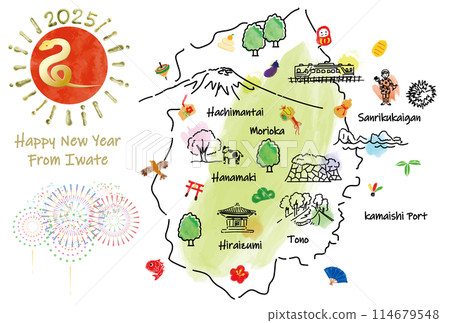 Iwate Prefecture tourist destination illustrated map New Year's card 2025 Iwate Prefecture tourist destination illustrated map New Year's card 2025 114679548