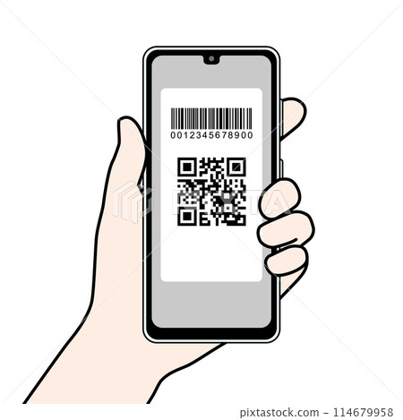 Smartphone with QR code and barcode displayed 114679958