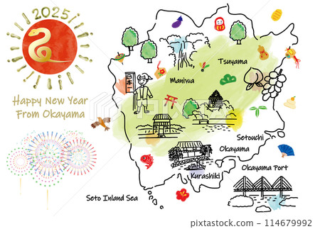 岡山縣旅遊景點插畫圖2025新年賀卡 114679992