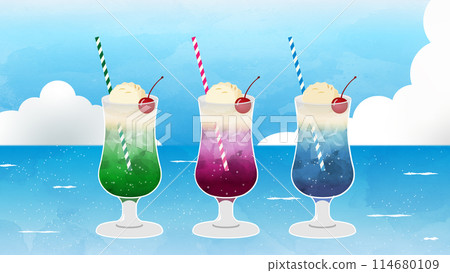 插畫內容:以波光粼粼的夏日大海為背景的清涼奶油蘇打水 插畫內容:以波光粼粼的夏日大海為背景的清涼奶油蘇打水 114680109