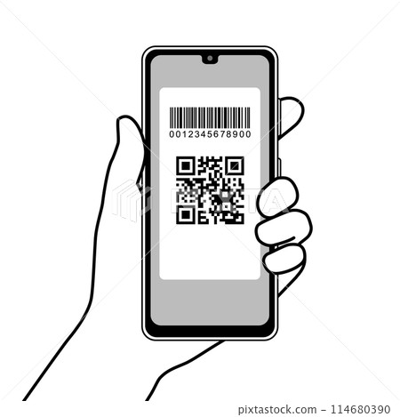 Smartphone with QR code and barcode displayed 114680390