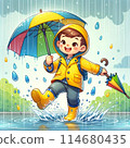 Boy playing in a puddle in the rain 114680435