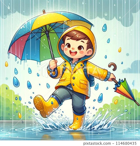 Boy playing in a puddle in the rain 114680435