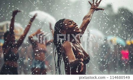 summer music festival-goer dancing in the rain at a summer music festival 114680549