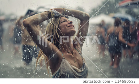summer music festival-goer dancing in the rain at a summer music festival 114680552