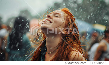 summer music festival-goer dancing in the rain at a summer music festival 114680558