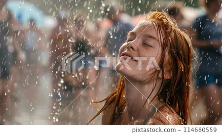 summer music festival-goer dancing in the rain at a summer music festival 114680559